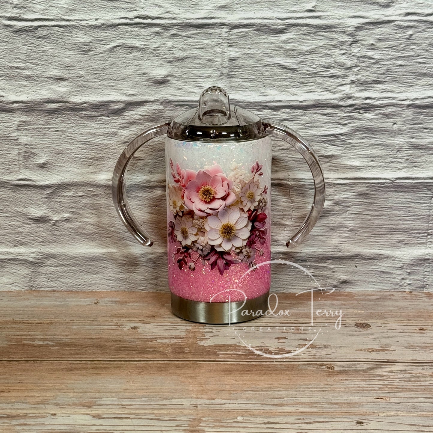 Pink 3D Wood Flower 12 oz. Sippy (Adaptive Drinking) Tumbler