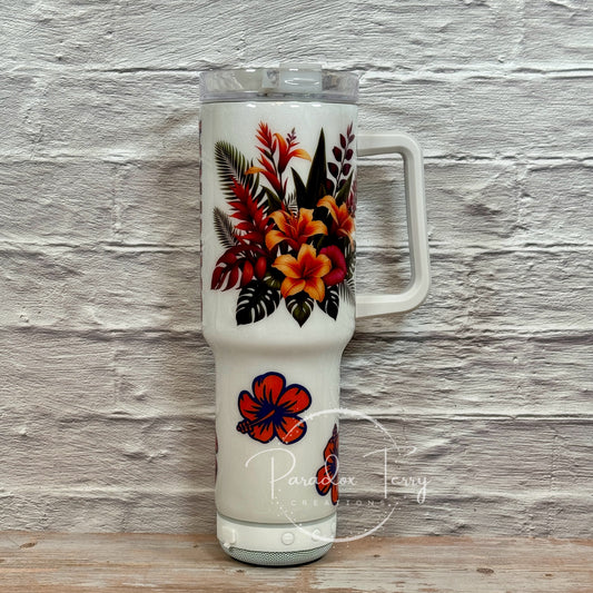 Custom 40 oz. Bluetooth Speaker Travel Mug- Hawaiian Flowers