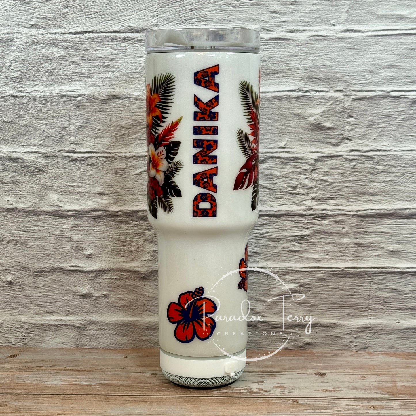 Custom 40 oz. Bluetooth Speaker Travel Mug- Hawaiian Flowers